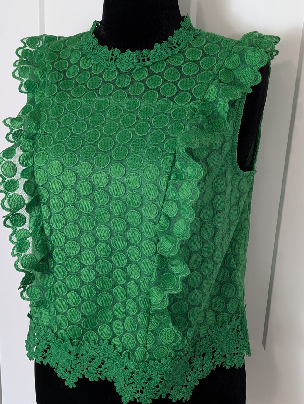 Ivy & Sage Green Polka Dot Lace Ruffle Sleeveless Round Neck Blouse Sz L - Picture 3 of 10